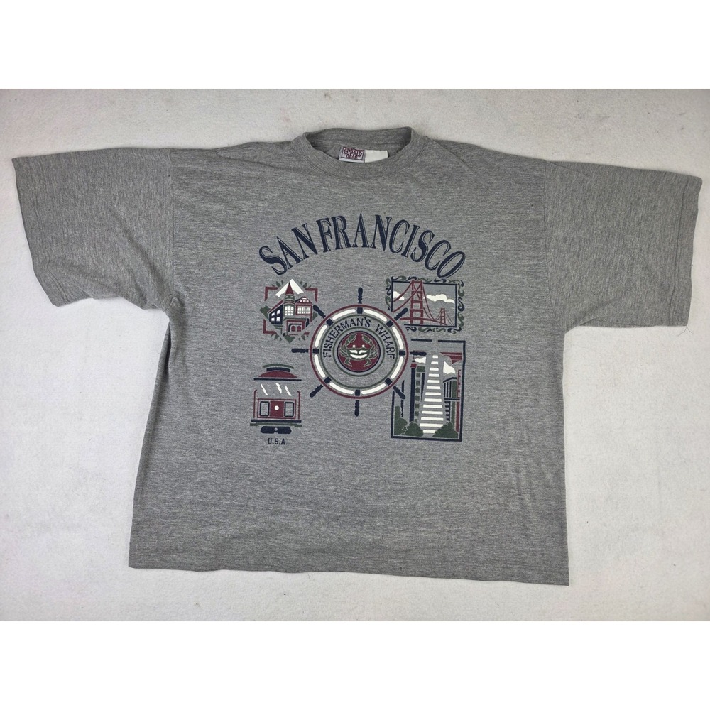 Vintage San Francisco Fisherman's Wharf Shirt Mens XL Golden Gate Bridge Trolley